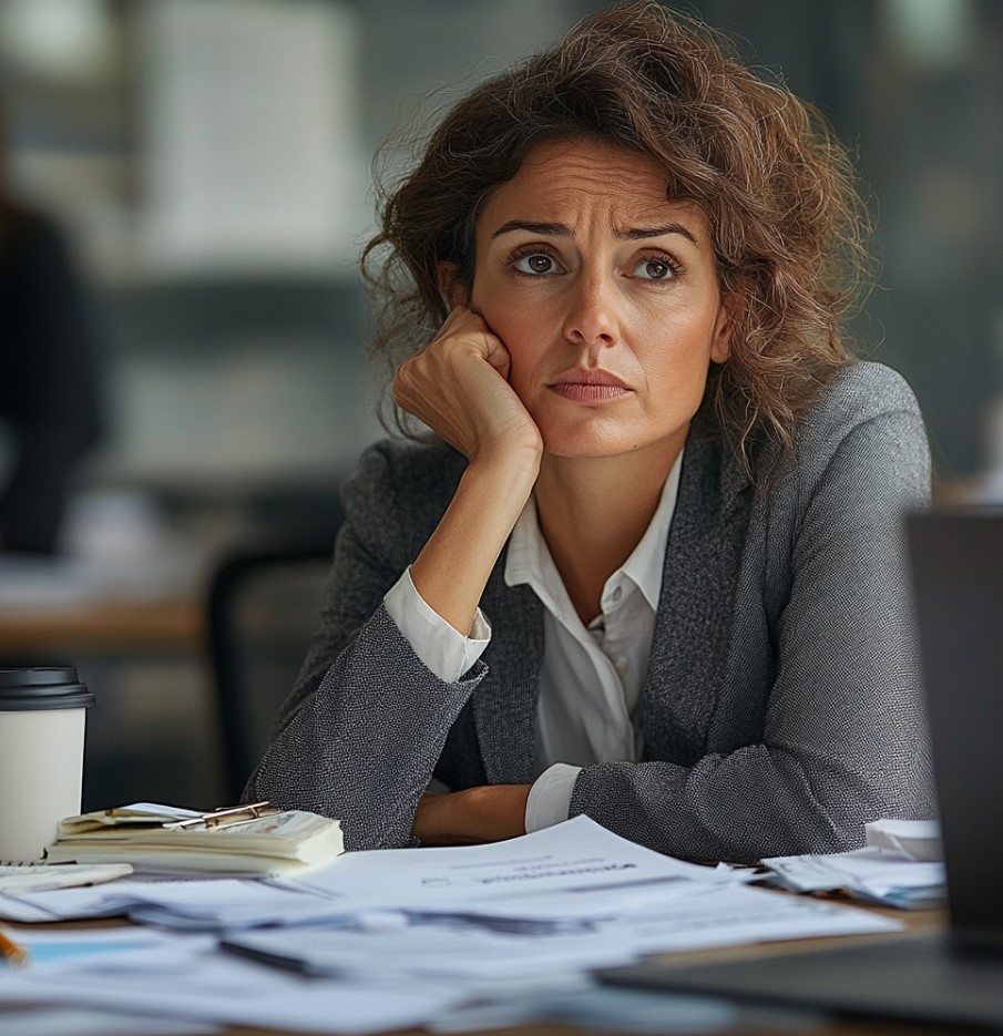 Nachdenkliche Frau sitzt an einem Schreibtisch mit Unterlagen, stützt den Kopf in die Hand und blickt konzentriert nach vorn