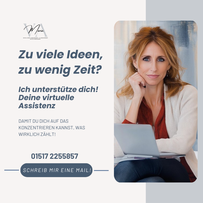 Bild eines Instagram-Posts von MariaVA mit dem Text „Zu viele Ideen, zu wenig Zeit“. MariaVA ist mit Laptop in ruhiger Arbeitsatmosphäre zu sehen. Der Post dient als Beispiel für die Gestaltung ihrer eigenen Instagram-Beiträge.