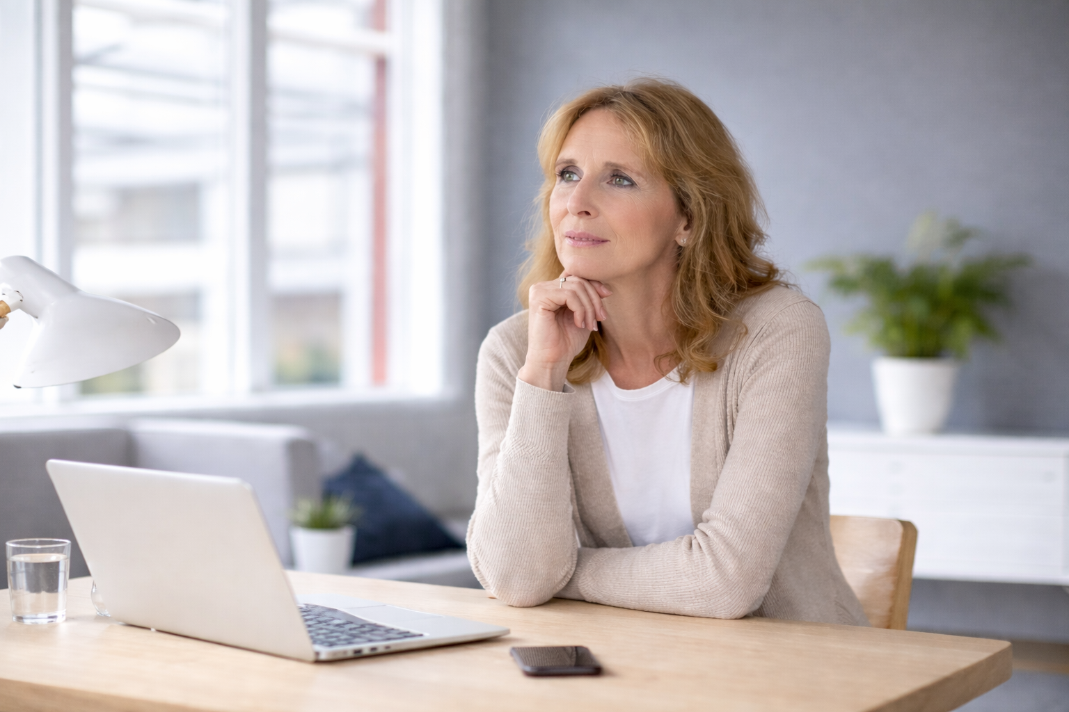 MariaVA sitzt an einem Schreibtisch mit Laptop und blickt nachdenklich zur Seite – ein ruhiger Moment des Innehaltens und Nachdenkens über den eigenen beruflichen Weg.