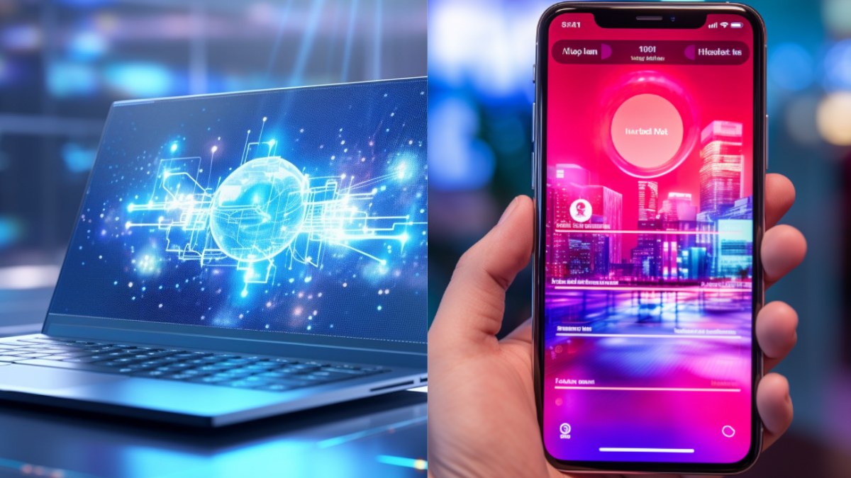 Geteiltes Bild: links ein Laptop mit digitaler, leuchtender KI-Grafik auf dem Bildschirm, rechts ein Smartphone in einer Hand mit moderner App-Oberfläche in Neonfarben
