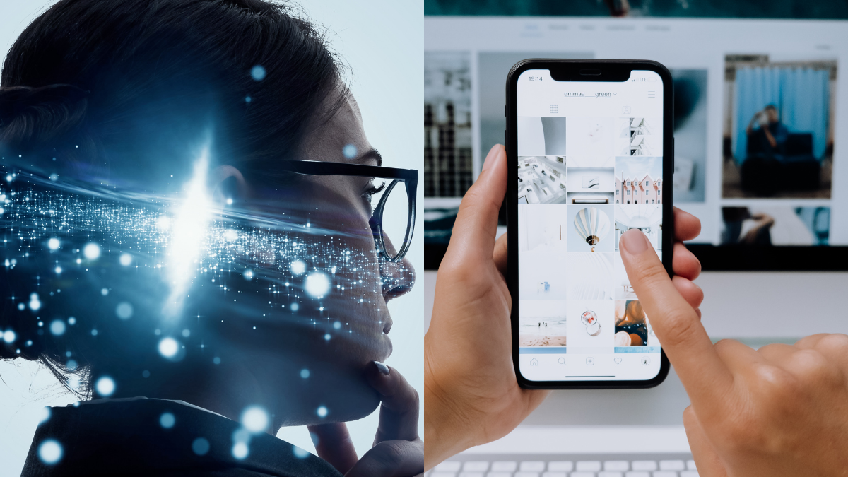 Nachdenkliche Frau mit digitalen Lichtpartikeln, kombiniert mit einer Hand, die auf einem Smartphone durch Social-Media-Beiträge scrollt – Sinnbild für Strategie, KI und kreatives Arbeiten im modernen Social Media Management.