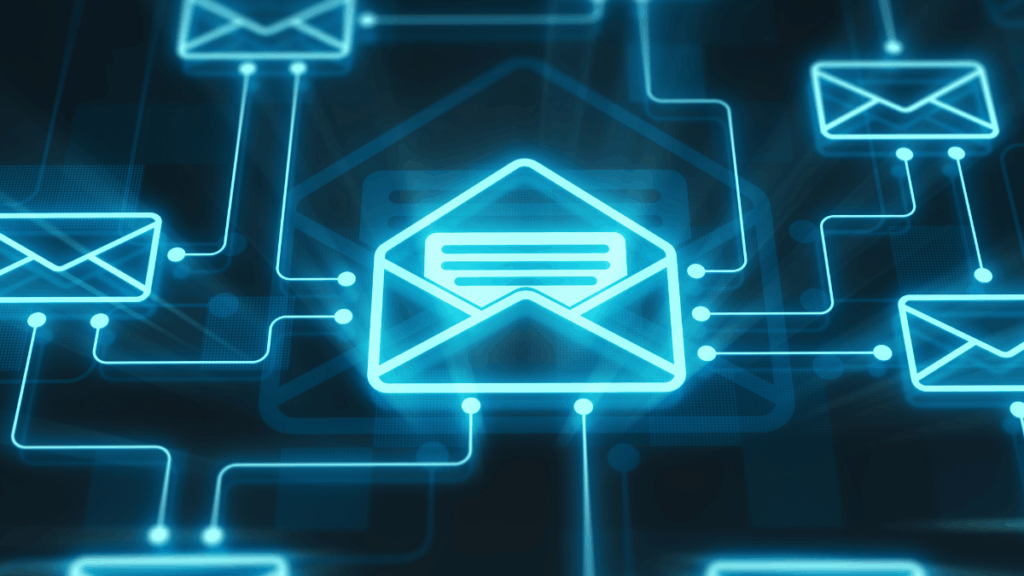 Leuchtende digitale E-Mail-Symbole auf dunklem Hintergrund – Symbol für moderne Kommunikation, Newsletter und vernetzten Informationsfluss.