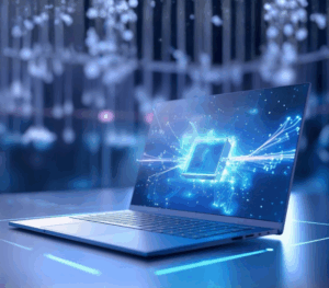 Laptop mit leuchtender digitaler Grafik auf dem Bildschirm – Symbol für moderne KI-Technologien, Effizienz und digitale Produktivität.