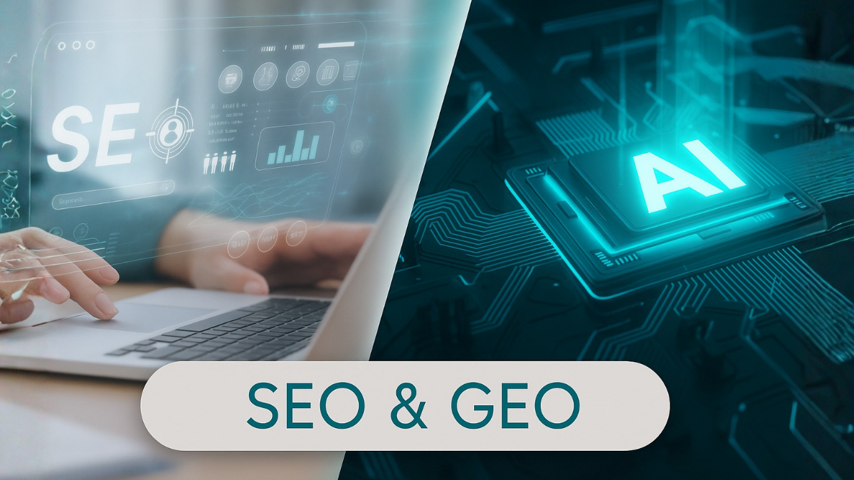 Visualisierung von SEO und GEO: Laptop mit Suchmaschinen-Datenanalyse auf der einen Seite und KI-Chip mit AI-Symbol auf der anderen Seite.