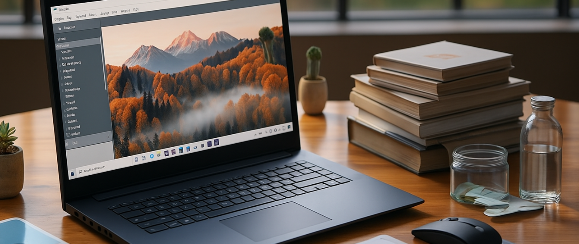 Laptop auf einem aufgeräumten Schreibtisch mit geöffnetem Content-Editor, Naturbild auf dem Bildschirm, Notizbücher und Arbeitsmaterial im warmen Tageslicht