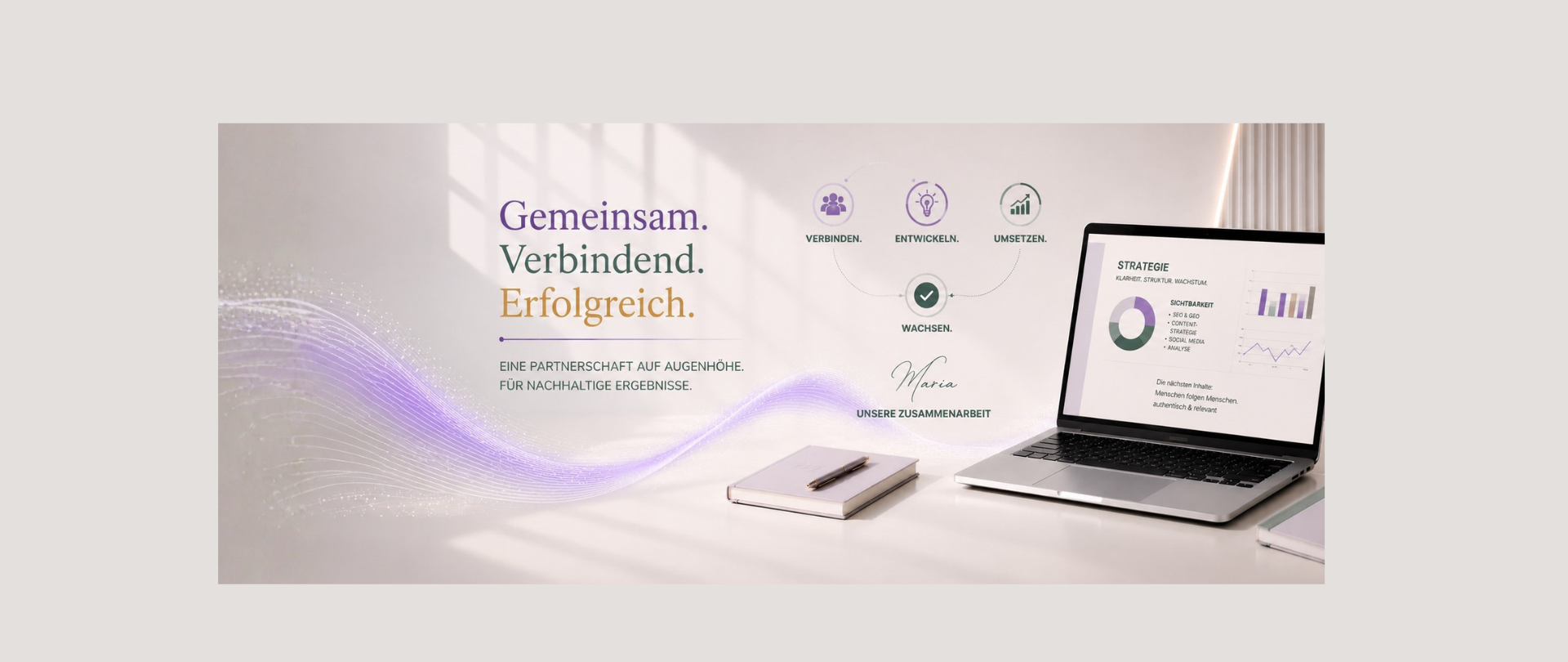 Visualisierung der Zusammenarbeit mit MariaVA: Die Phasen Verbinden, Entwickeln, Umsetzen und Wachsen für nachhaltige digitale Ergebnisse.